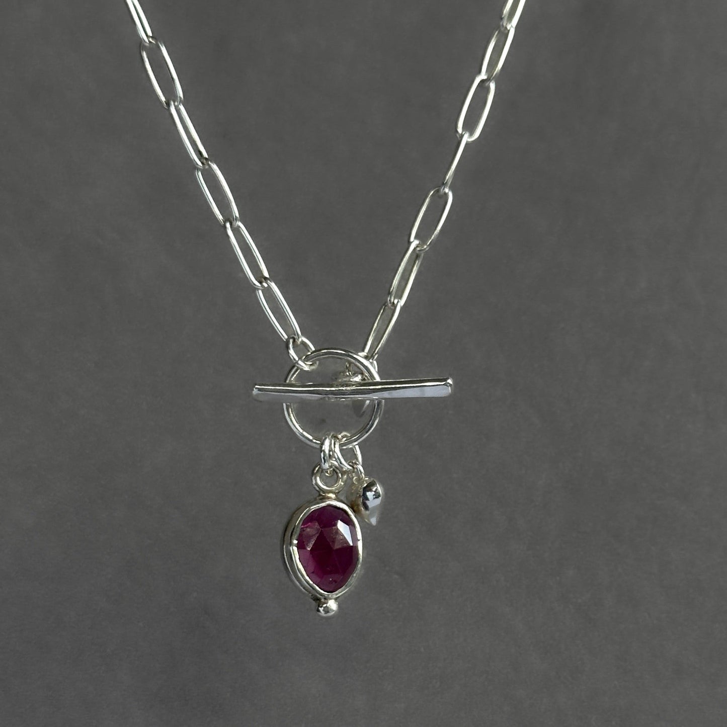 Garnet Charm Necklace in Sterling Silver, 3mm