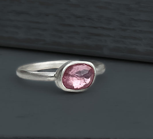 Pink Tourmaline Gemstone Sterling Silver Ring, 7.5