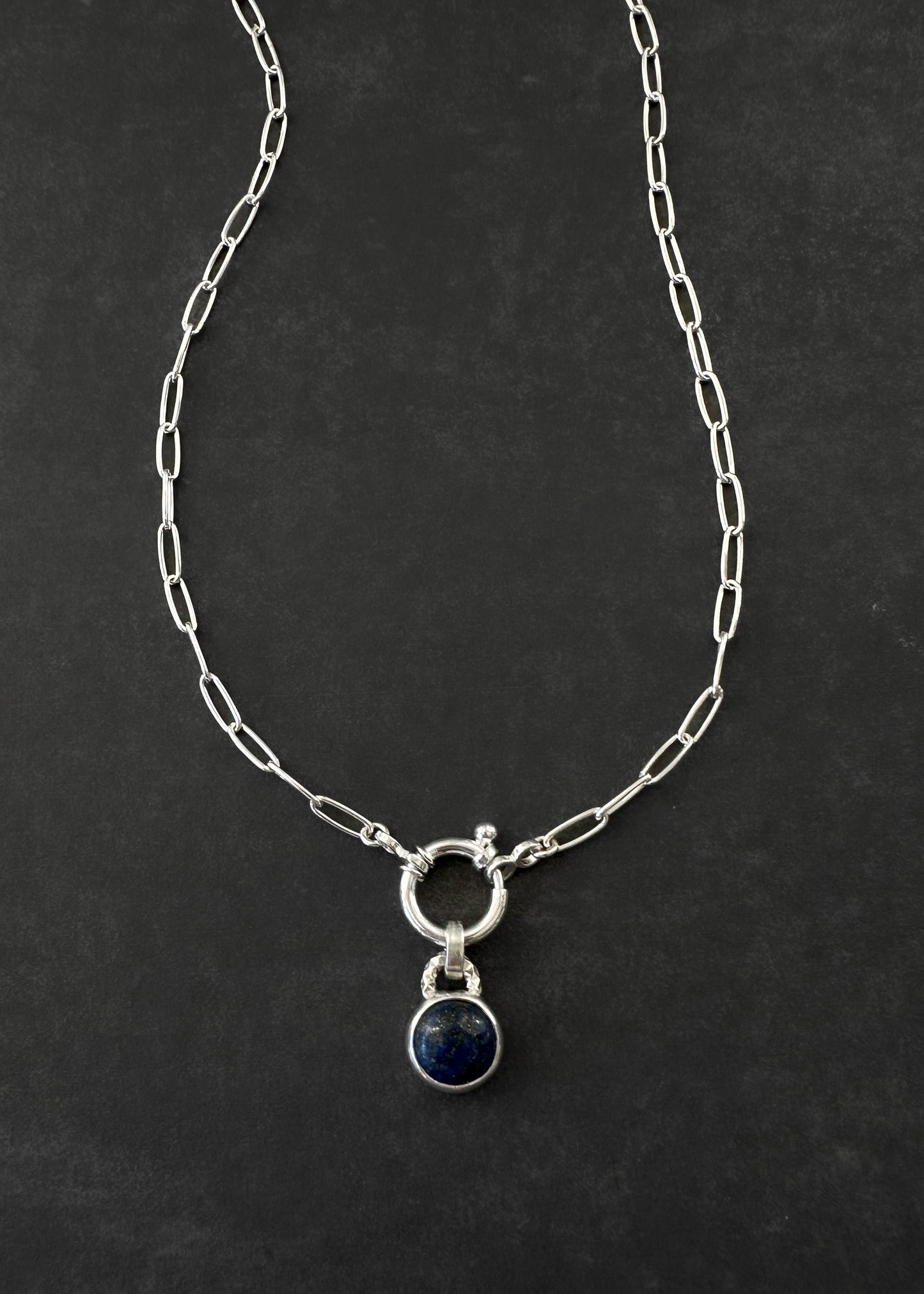Sterling Silver Lapis Lazuli Pendant Necklace | Paperclip Chain with Charm Holder Clasp