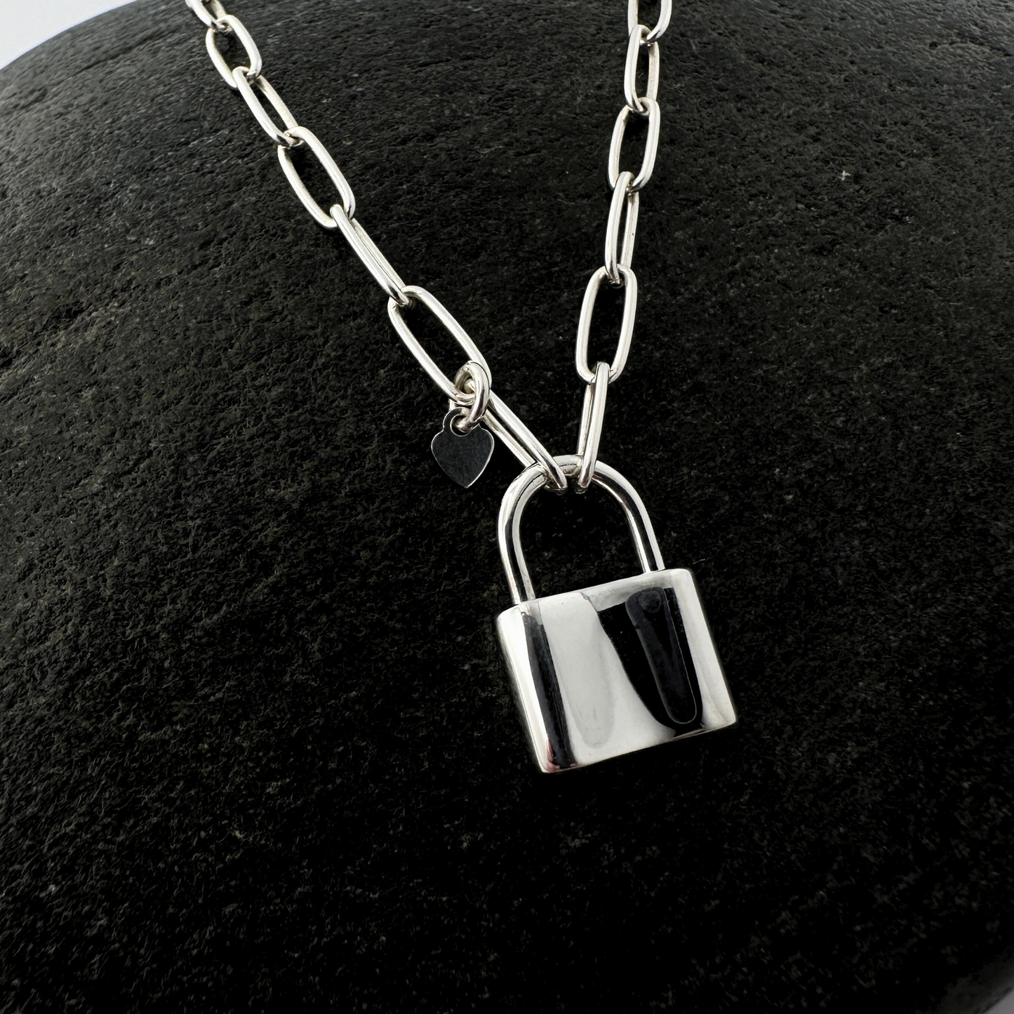 Sterling Silver Padlock Necklace Paperclip Chain, 3mm