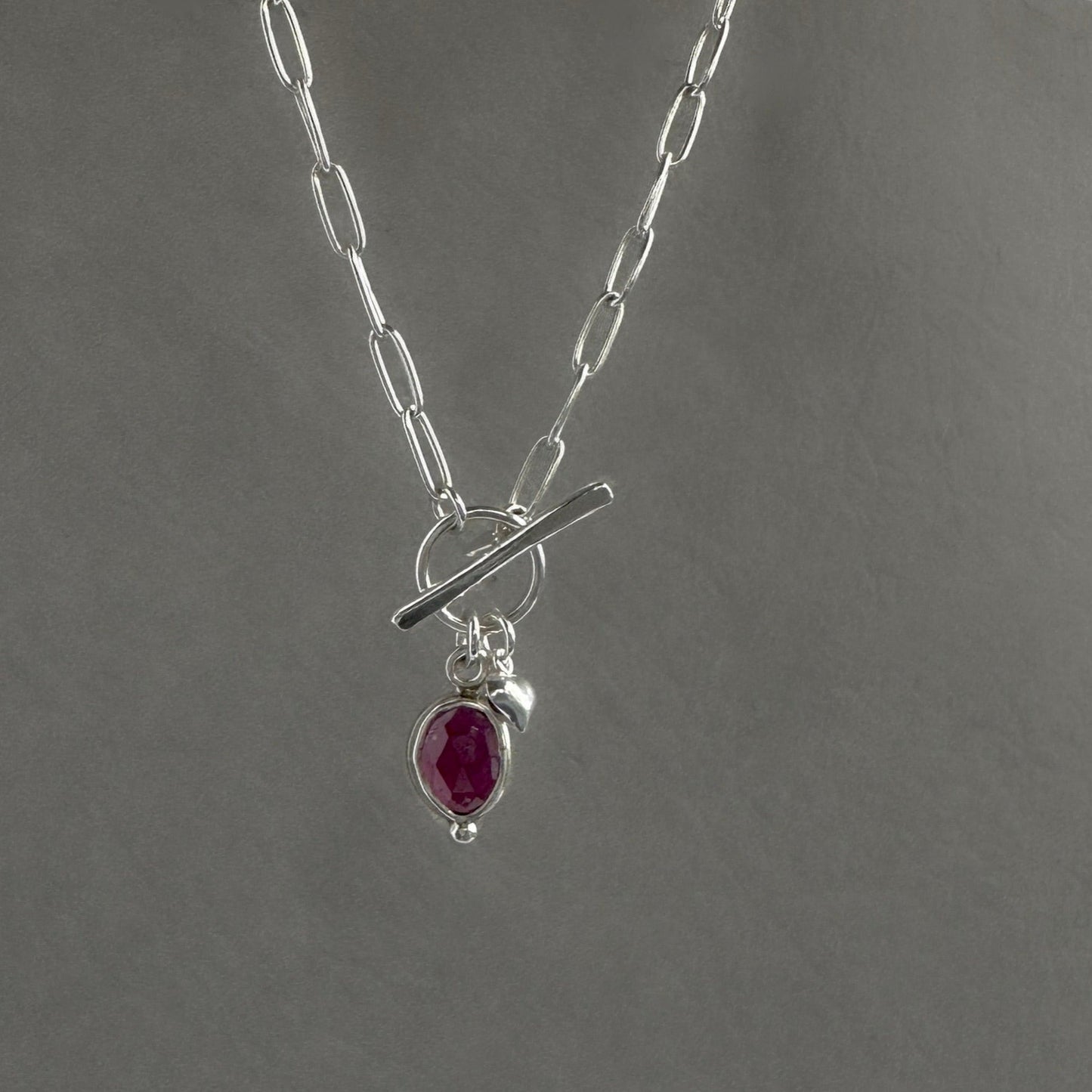 Garnet Charm Necklace in Sterling Silver, 3mm