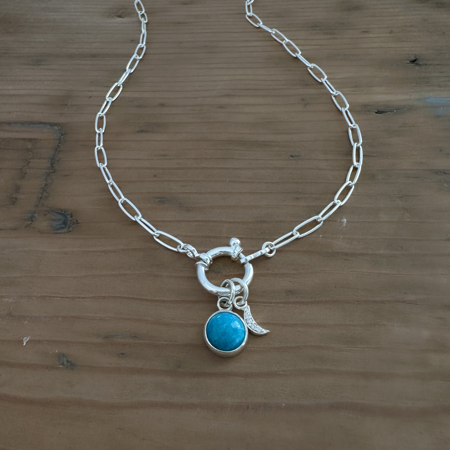 Sterling Silver Turquoise Pendant Necklace | Crescent Moon Pave Charm | Paperclip Chain with Charm Holder Clasp