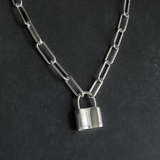 Padlock Necklace Paperclip Chain in Sterling Silver, 4.3mm