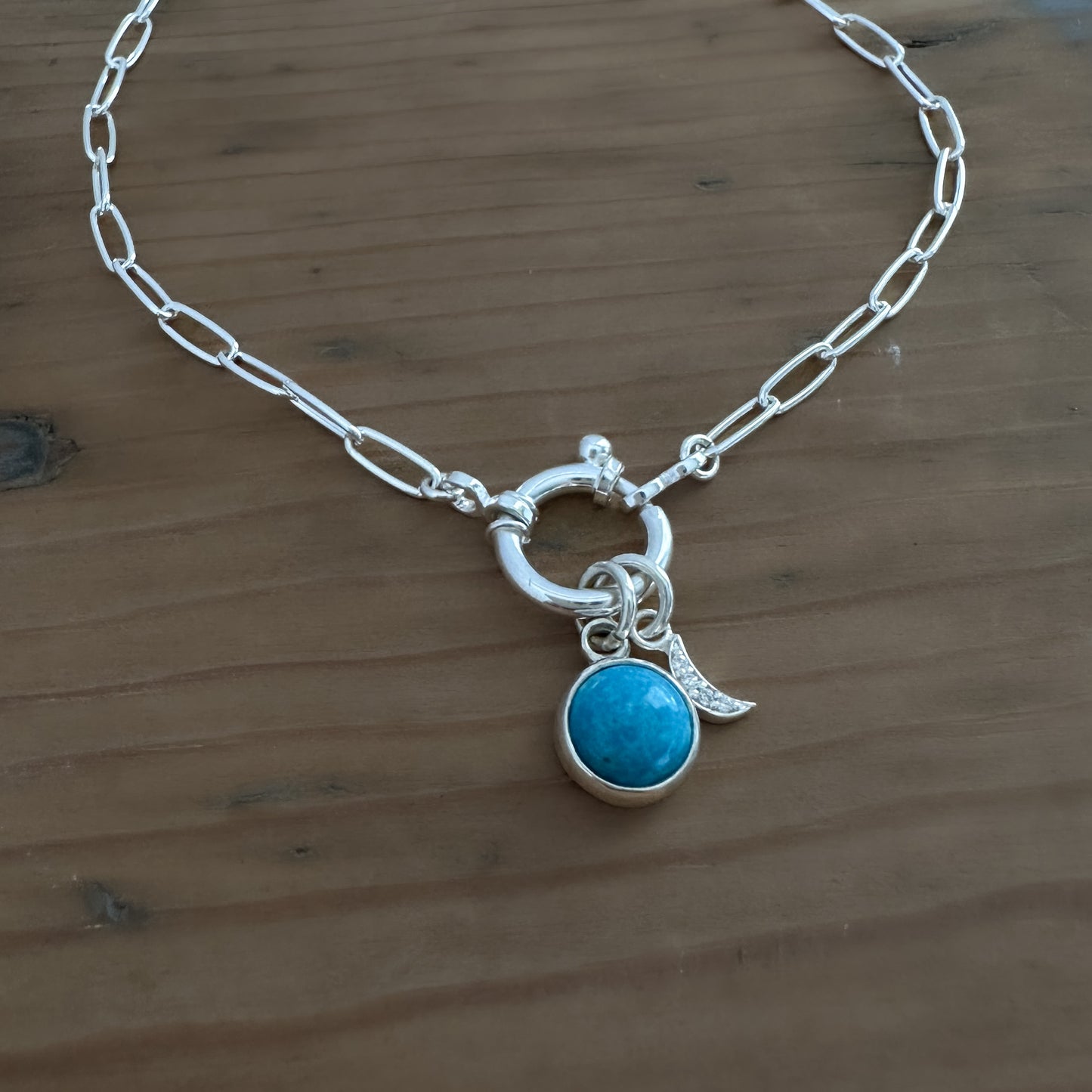 Sterling Silver Turquoise Pendant Necklace | Crescent Moon Pave Charm | Paperclip Chain with Charm Holder Clasp