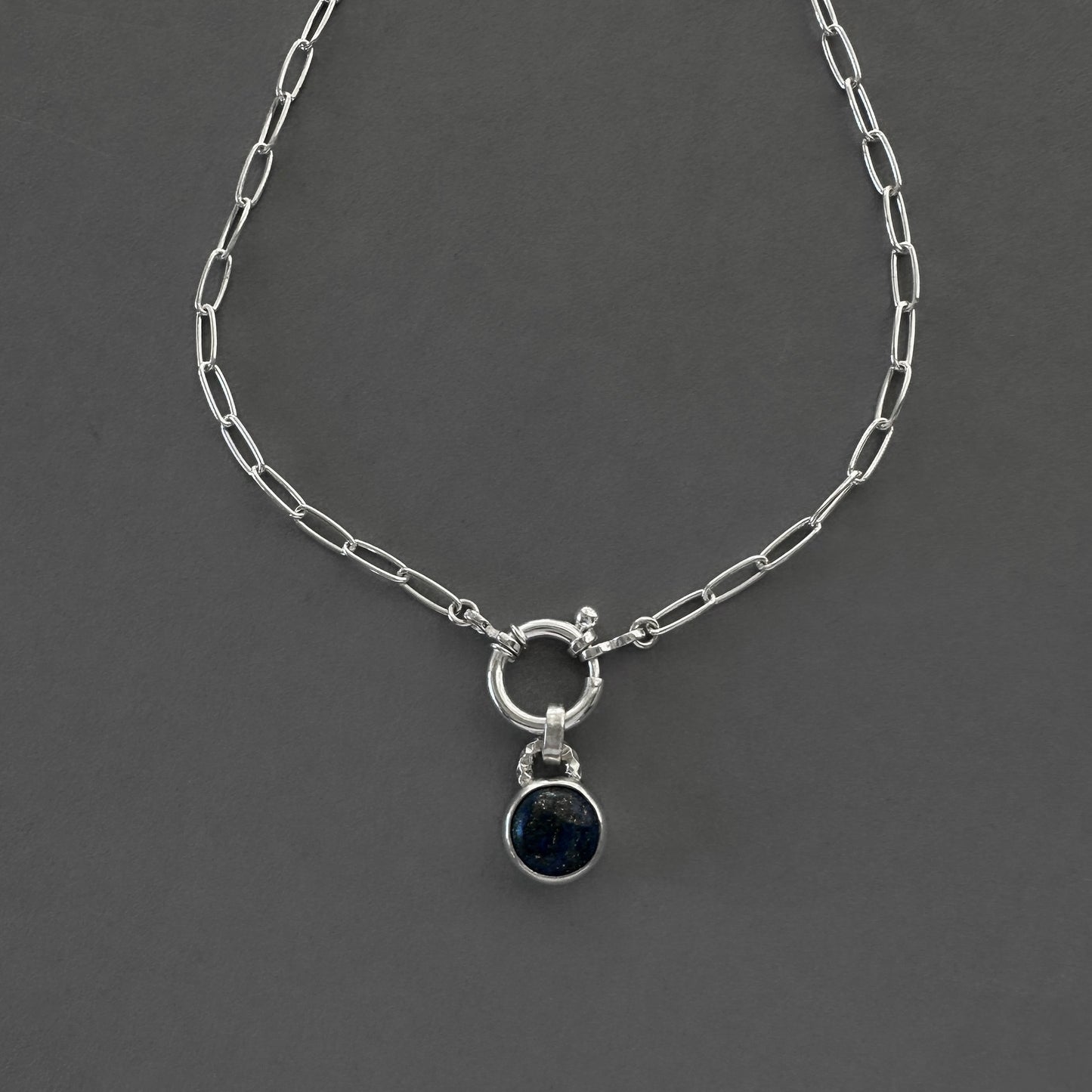Sterling Silver Lapis Lazuli Pendant Necklace | Paperclip Chain with Charm Holder Clasp