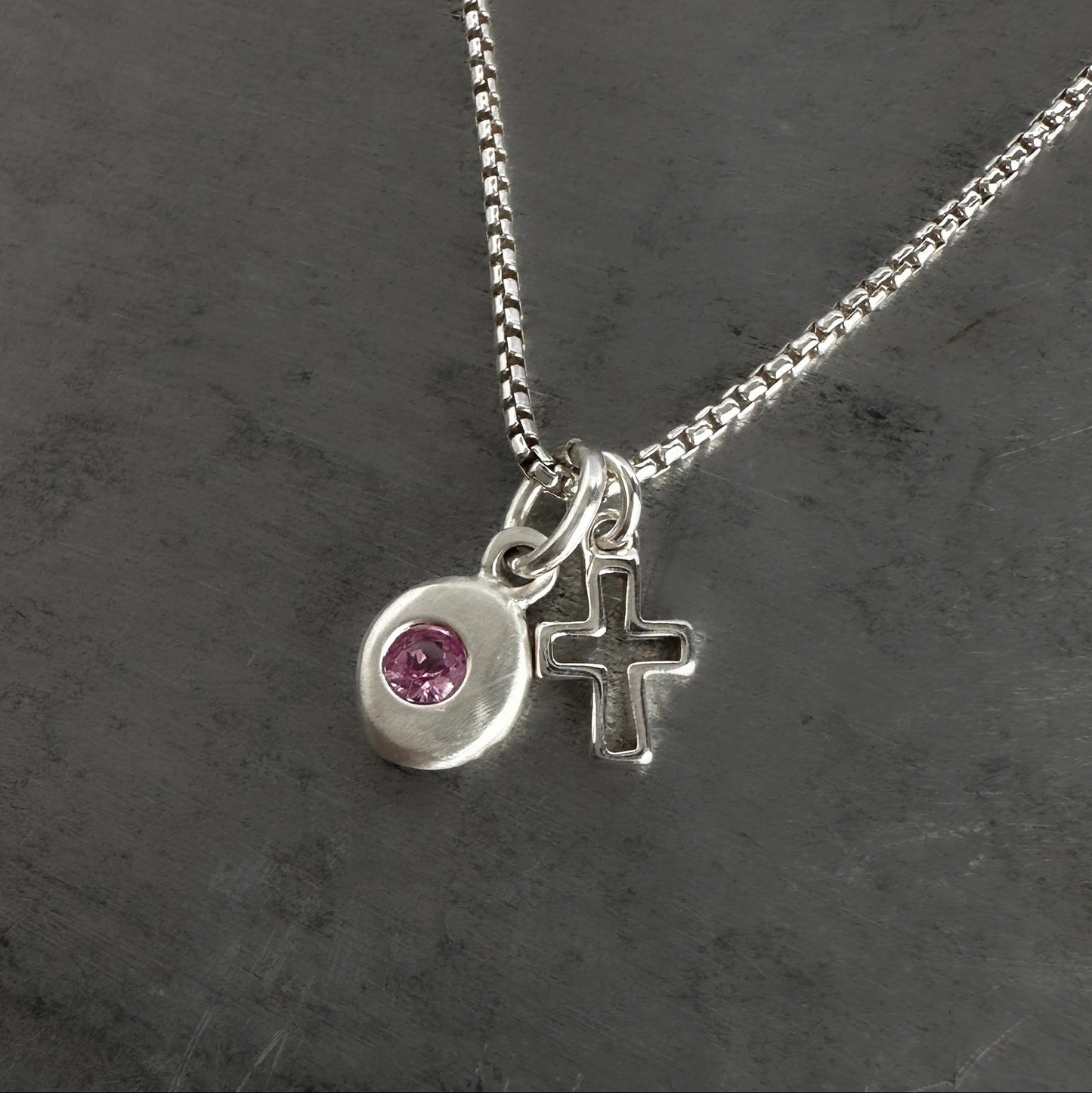 Lab-Grown Pink Tourmaline Nugget Necklace | Sterling Silver Cross Charm | Dainty Box Chain