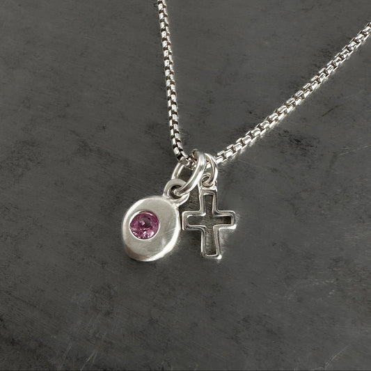 Lab-Grown Pink Tourmaline Nugget Necklace | Sterling Silver Cross Charm | Dainty Box Chain