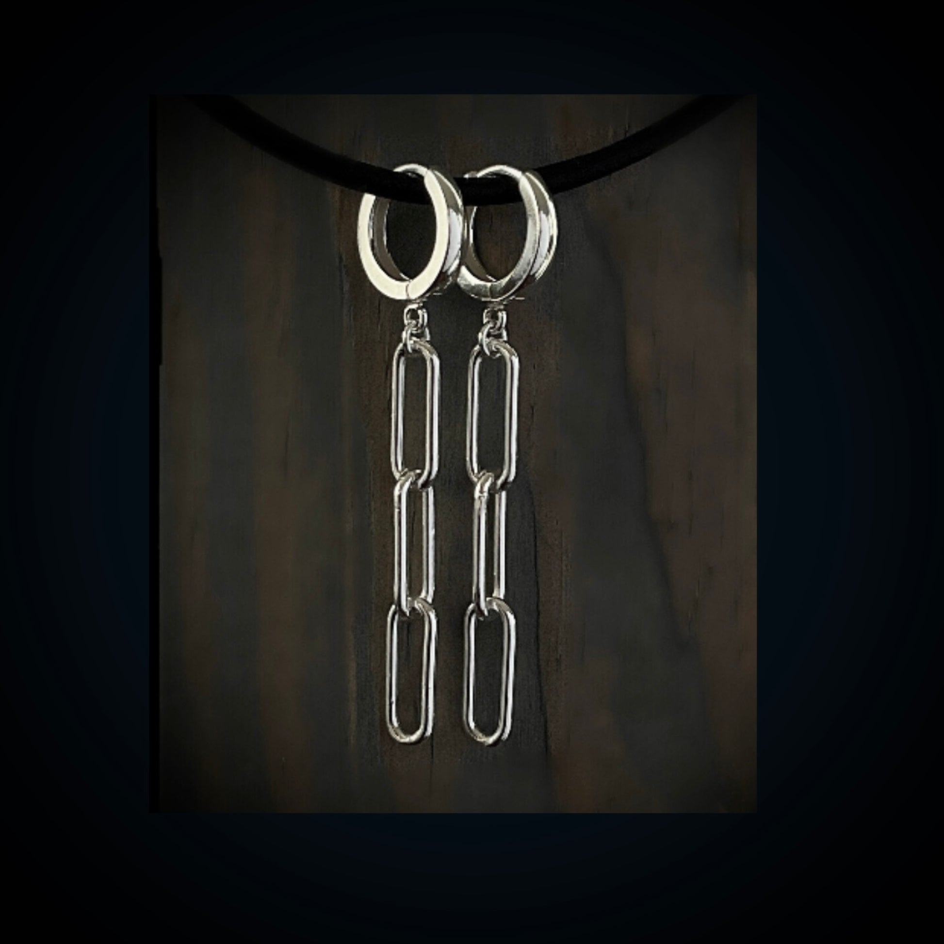 solid sterling Silver Paperclip chain earrings attached to hinged hoops three chain links 6mm width drop length 2 inches 