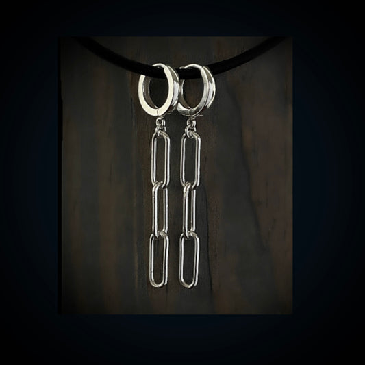 solid sterling Silver Paperclip chain earrings attached to hinged hoops three chain links 6mm width drop length 2 inches 