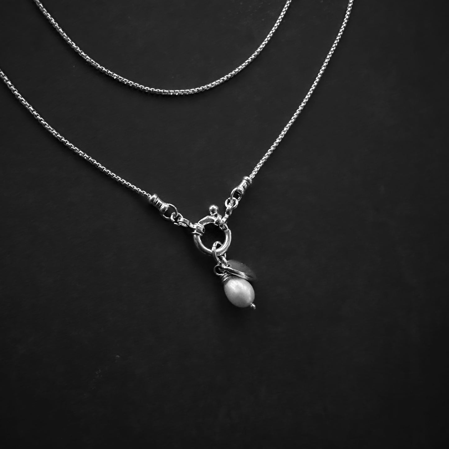 Sterling Silver Box Chain Necklace | White Pearl & Leaf Charm | Interchangeable Pendant Clasp