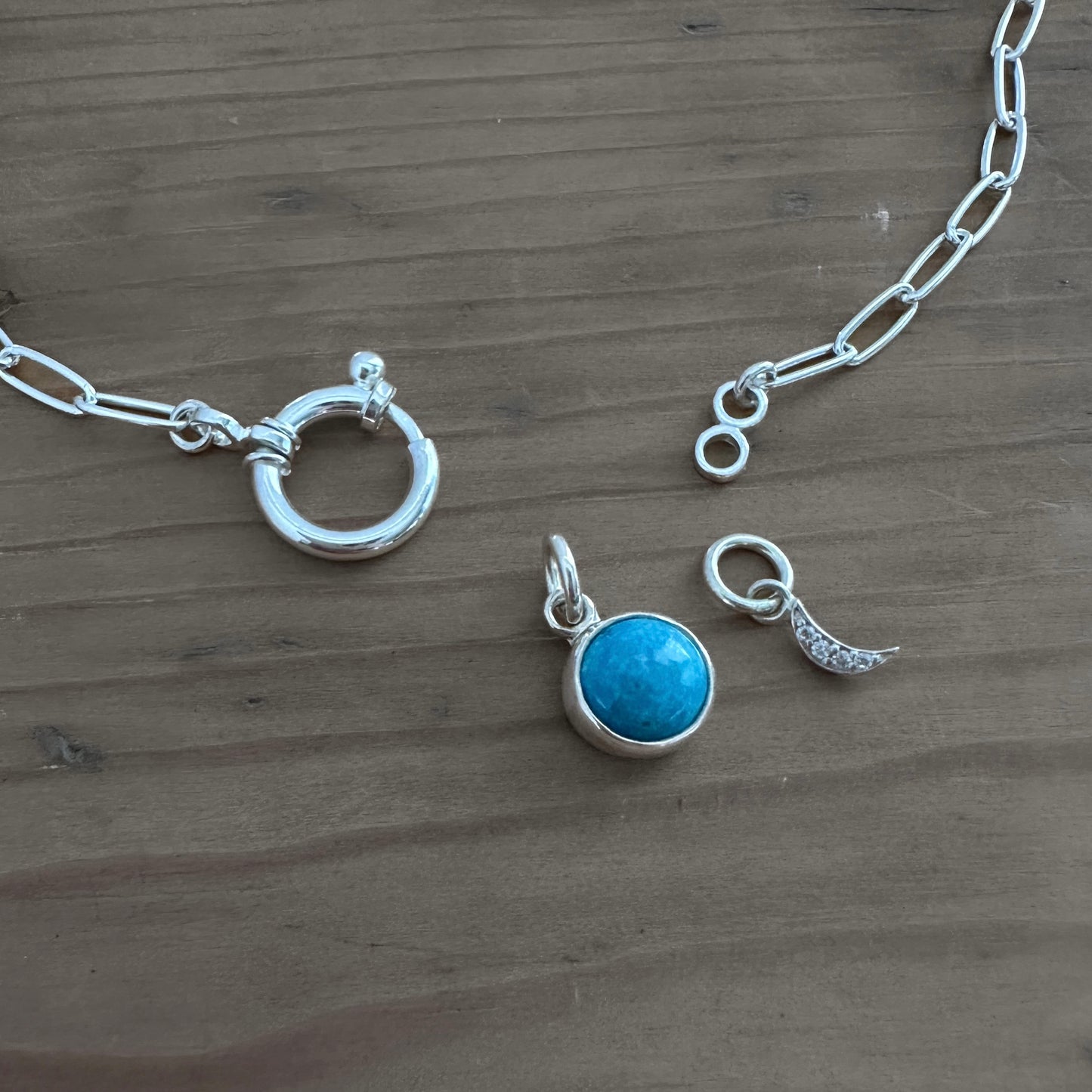 Sterling Silver Turquoise Pendant Necklace | Crescent Moon Pave Charm | Paperclip Chain with Charm Holder Clasp