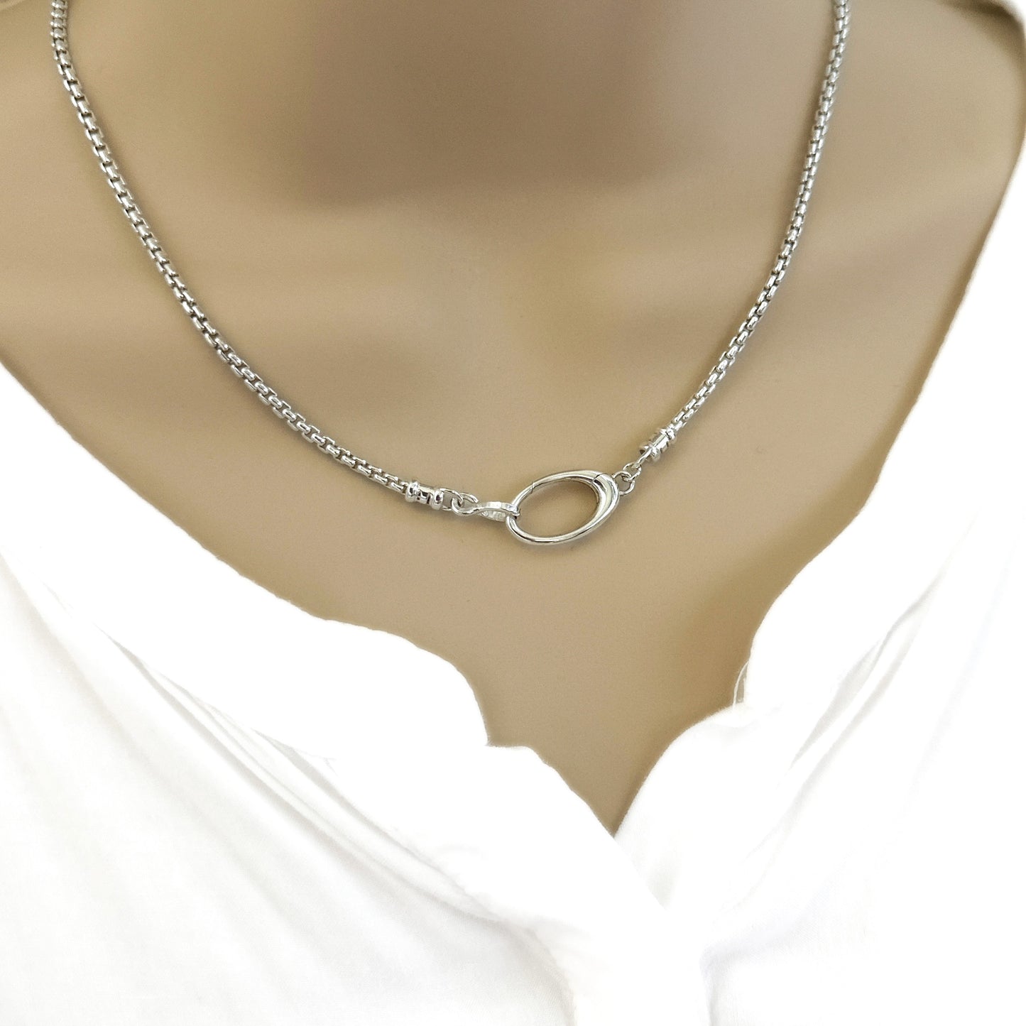 Oval Pendant Clip Round Box Chain Necklace in Sterling Silver, 2.5mm