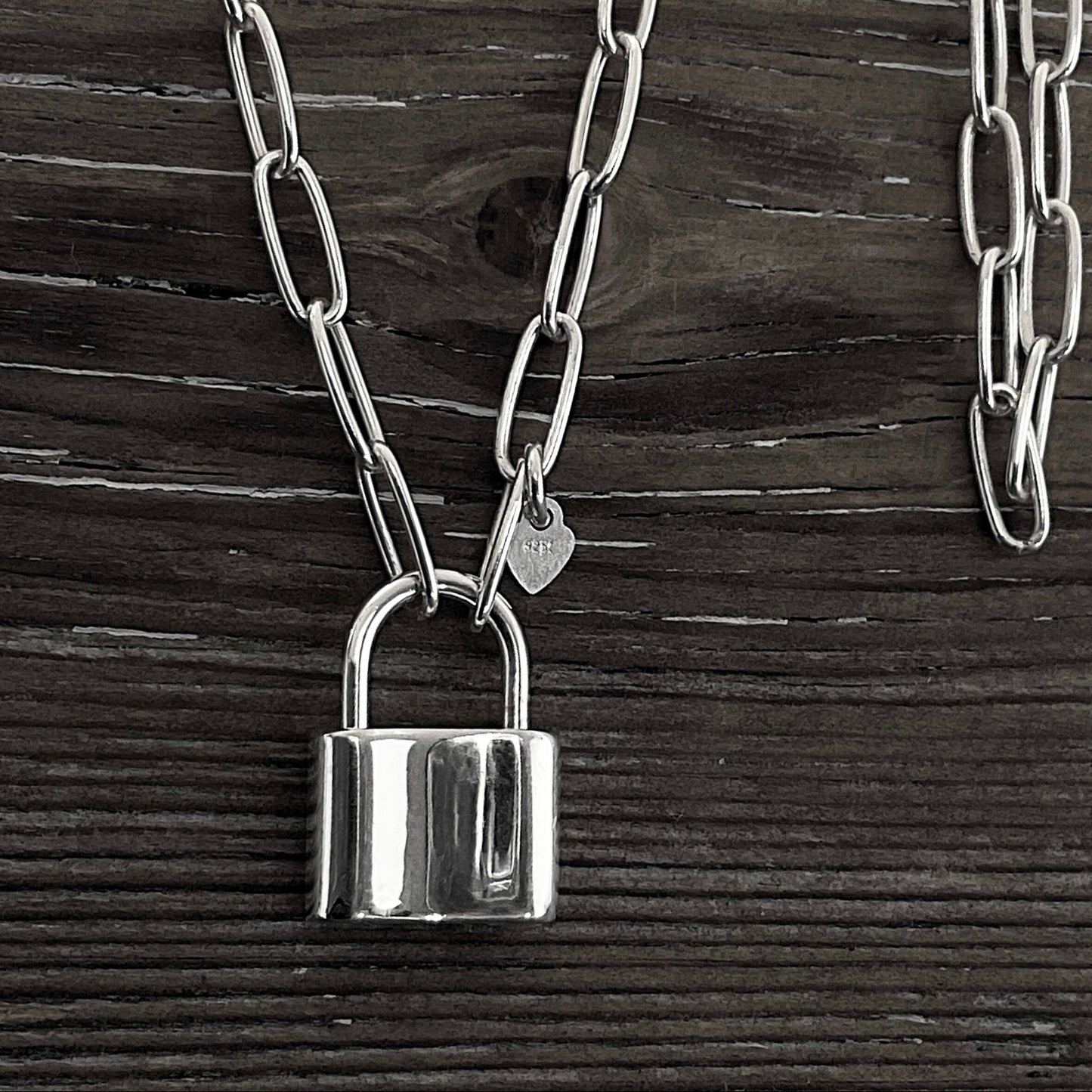 Sterling Silver Padlock Necklace Paperclip Chain, 3mm