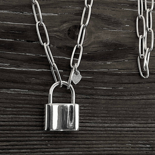 Sterling Silver Padlock Necklace Paperclip Chain, 3mm