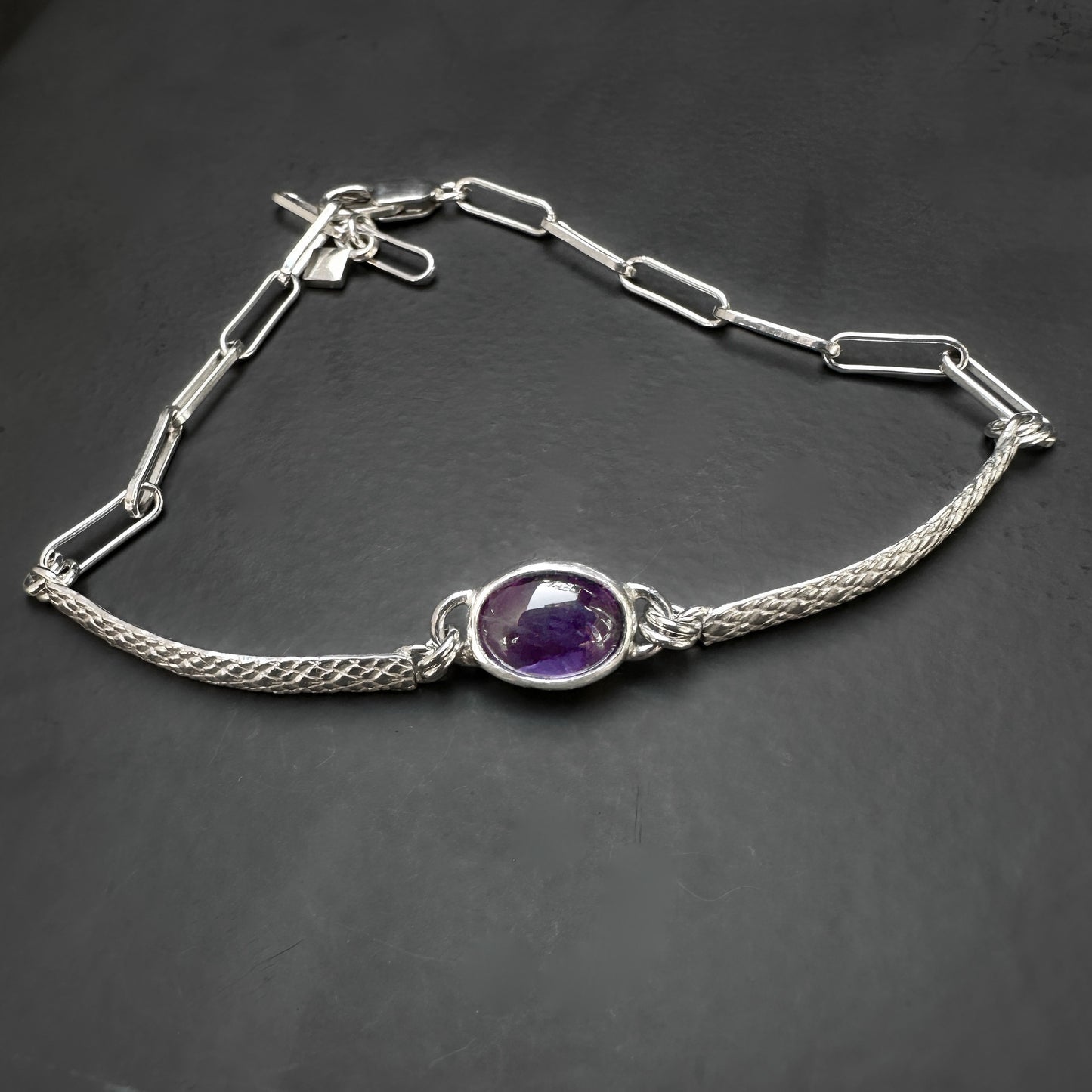 Sterling Silver Amethyst Bracelet | Mixed Paperclip & Textured Chain
