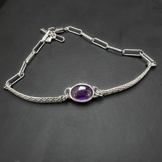 Sterling Silver Amethyst Bracelet | Mixed Paperclip & Textured Chain