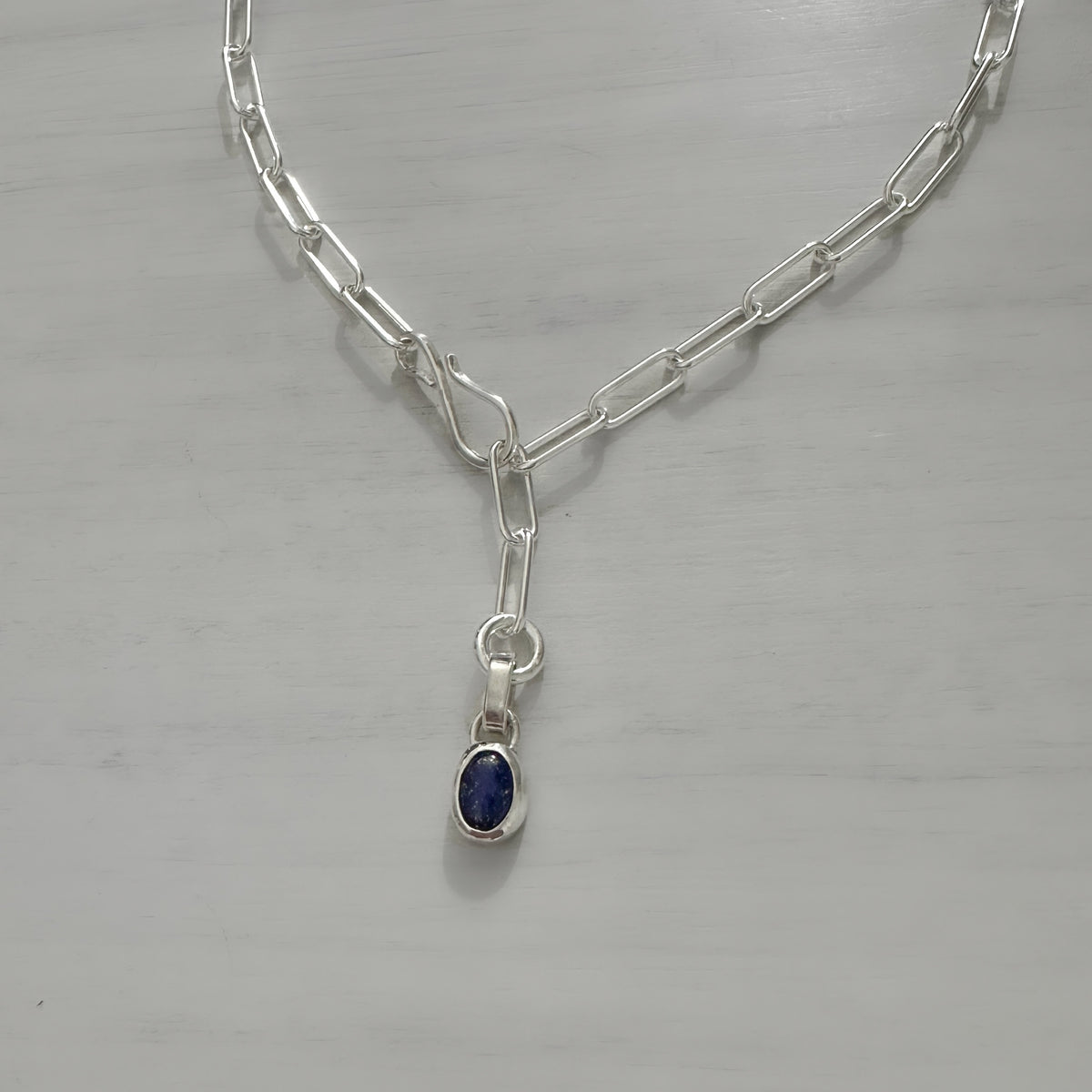 Sterling Silver Paperclip Necklace with Natural Lapis Lazuli, Adjustable Hook Clasp Lariat