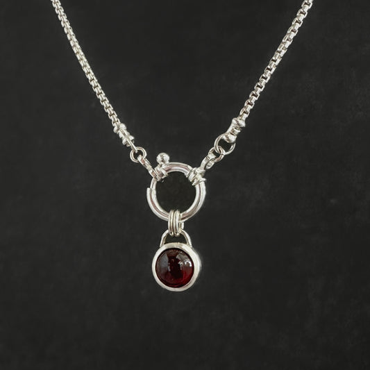 Sterling Silver Garnet Pendant Necklace | Round Box Chain with Pendant Holder Clasp