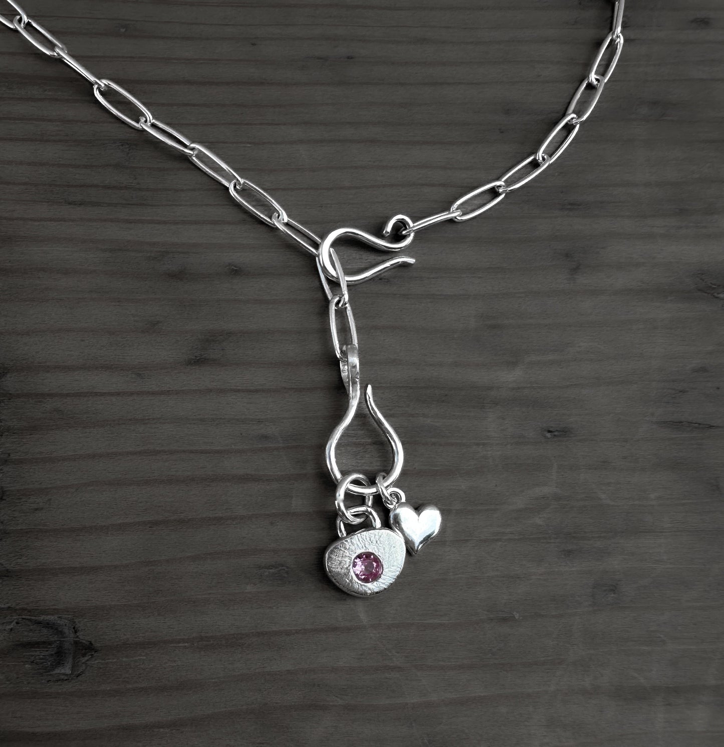 Sterling Silver Pink Tourmaline Heart Charm Necklace | Paperclip Chain