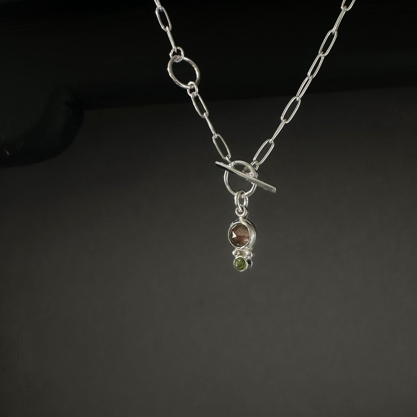 Watermelon Tourmaline Peridot Pendant Paperclip Necklace in Sterling Silver, 3mm