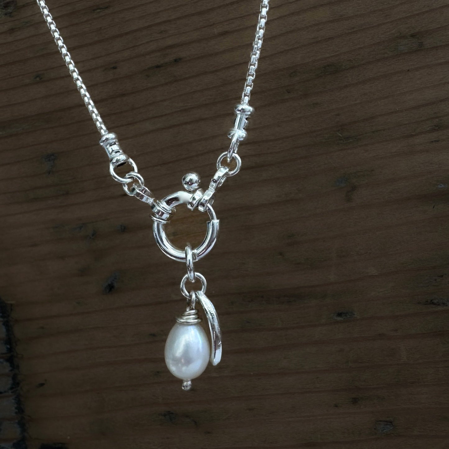 Sterling Silver Box Chain Necklace | White Pearl & Leaf Charm | Interchangeable Pendant Clasp