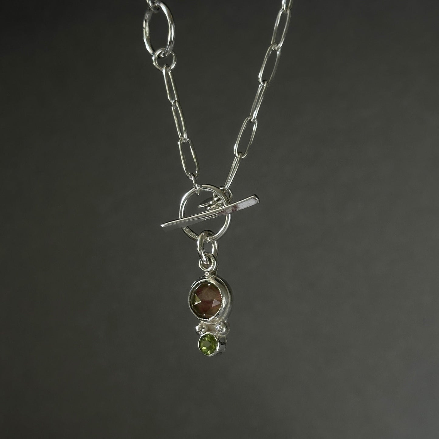 Watermelon Tourmaline Peridot Pendant Paperclip Necklace in Sterling Silver, 3mm