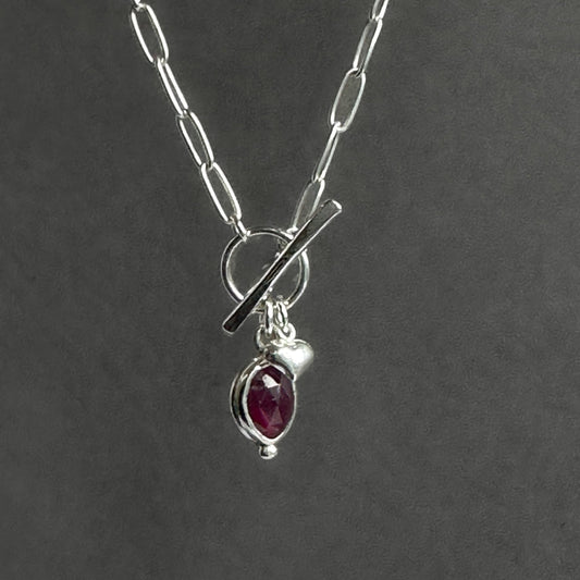 Garnet Charm Necklace in Sterling Silver, 3mm