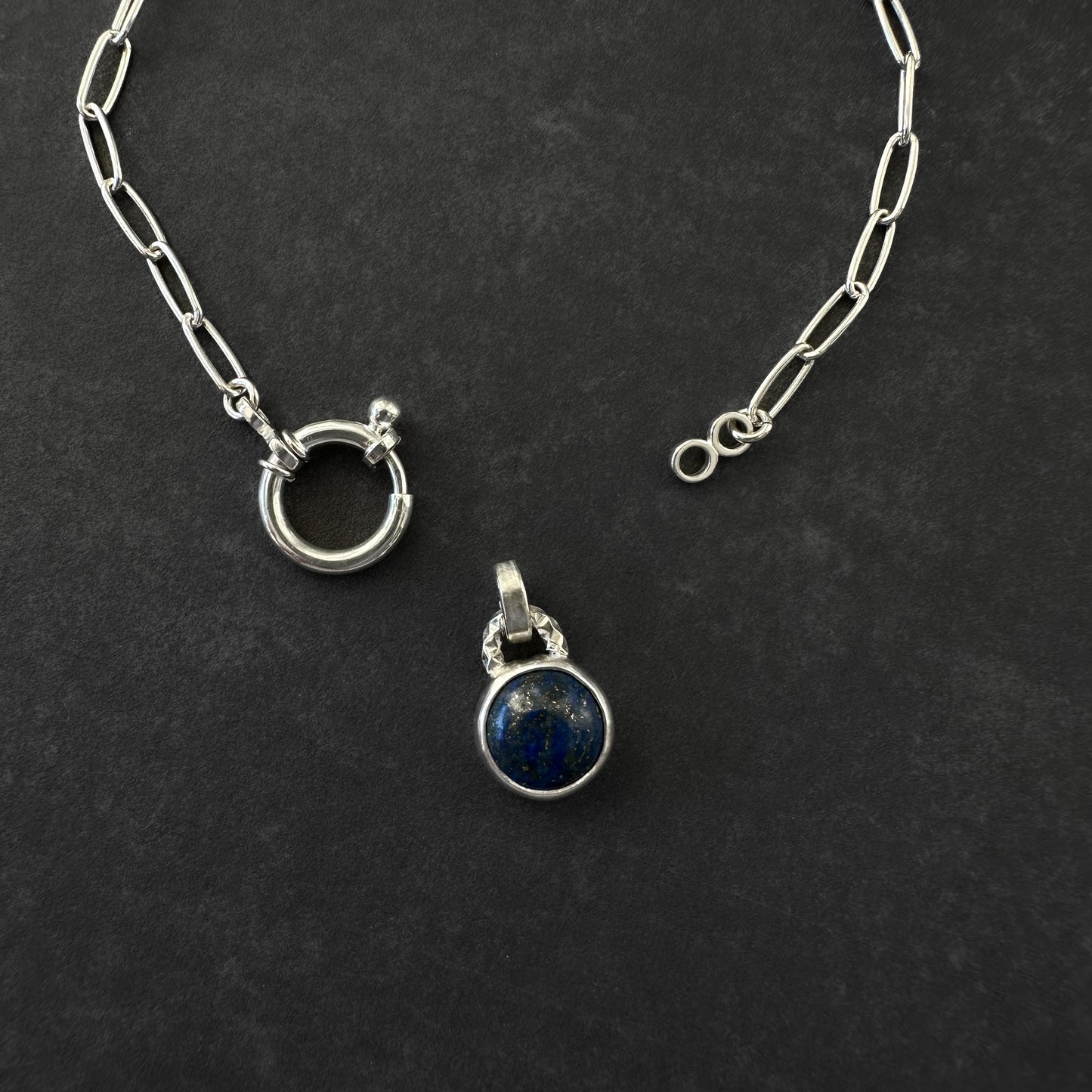 Sterling Silver Lapis Lazuli Pendant Necklace | Paperclip Chain with Charm Holder Clasp