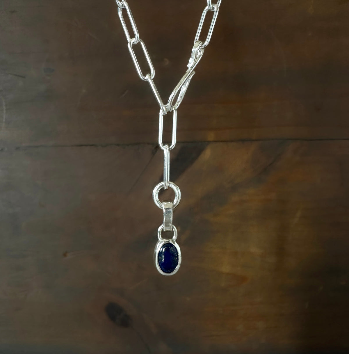Sterling Silver Paperclip Necklace with Natural Lapis Lazuli, Adjustable Hook Clasp Lariat