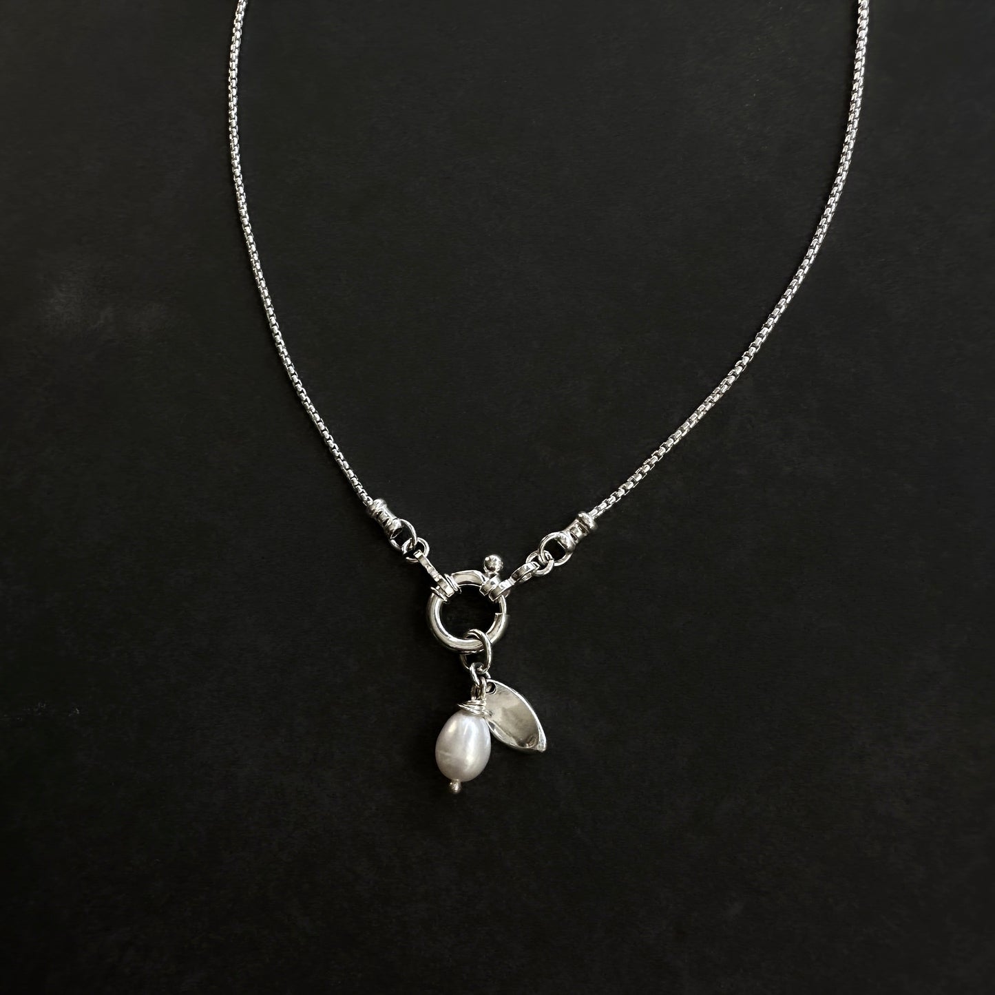 Sterling Silver Box Chain Necklace | White Pearl & Leaf Charm | Interchangeable Pendant Clasp