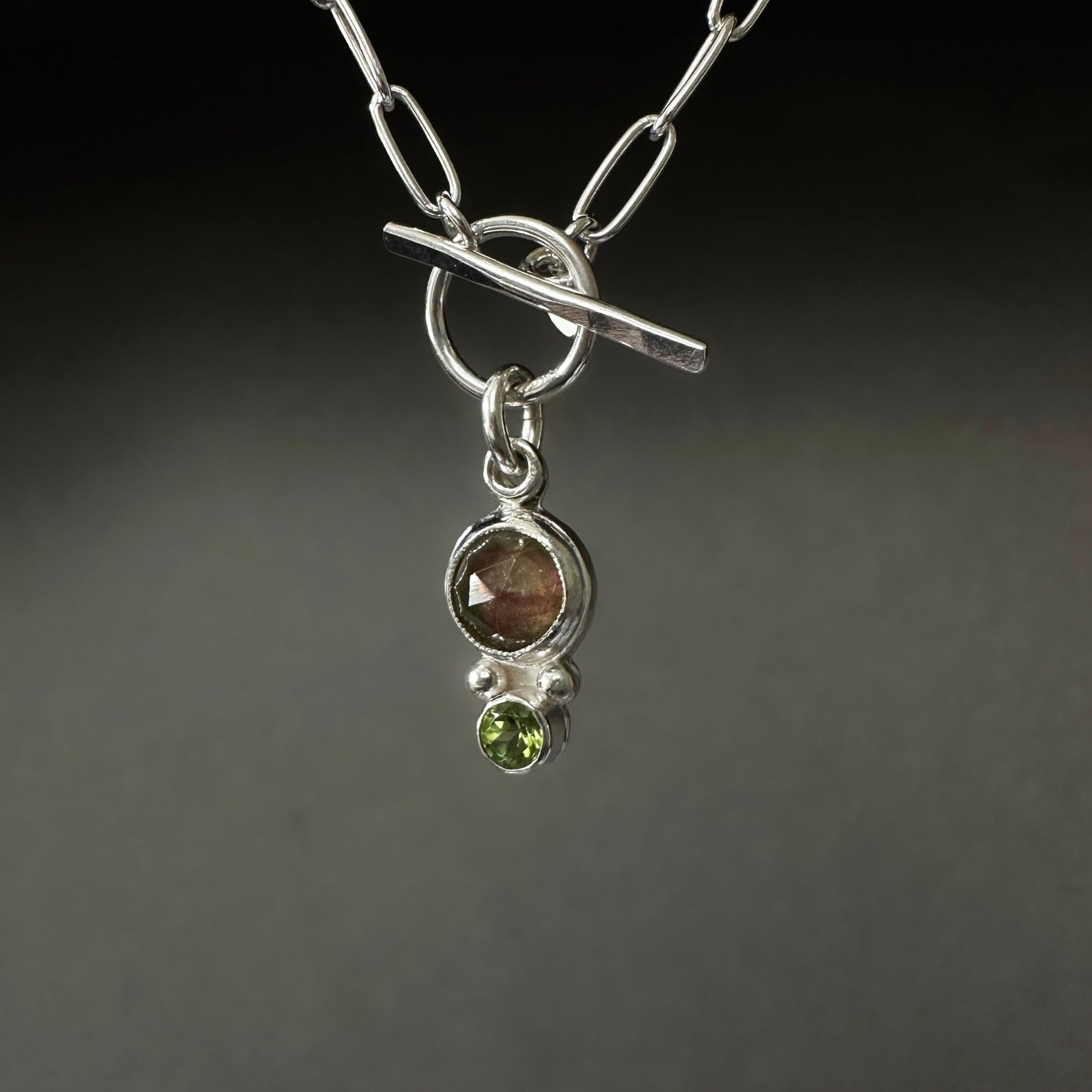 Watermelon Tourmaline Peridot Pendant Paperclip Necklace in Sterling Silver, 3mm