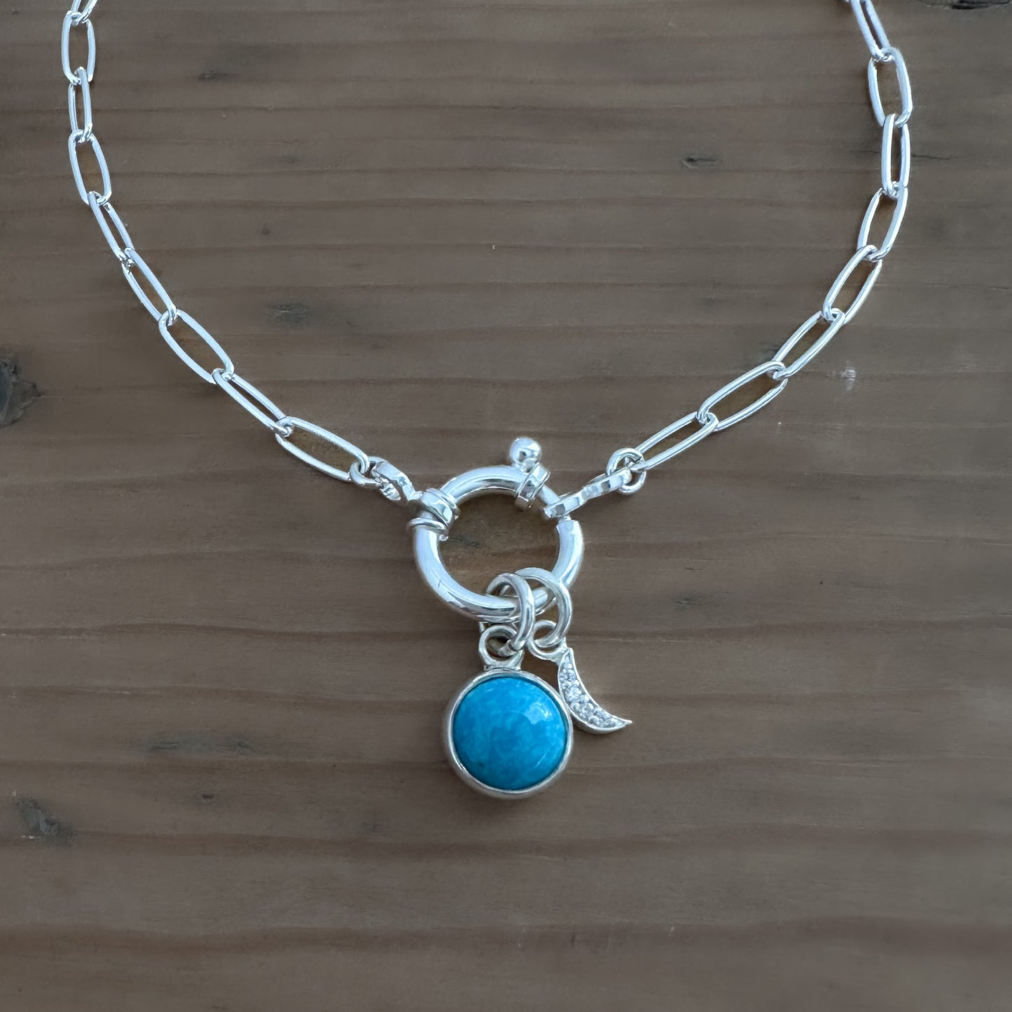Sterling Silver Turquoise Pendant Necklace | Crescent Moon Pave Charm | Paperclip Chain with Charm Holder Clasp