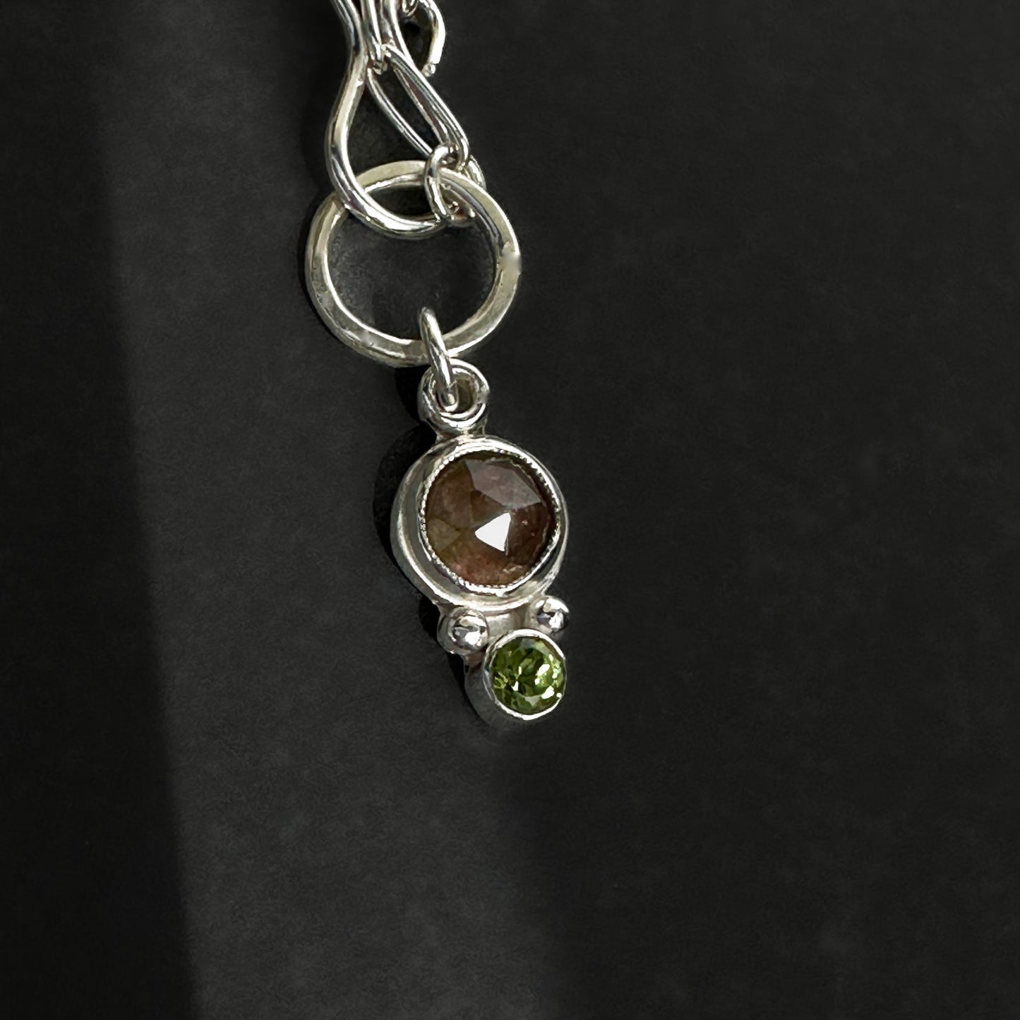 Watermelon Tourmaline Peridot Pendant Paperclip Necklace in Sterling Silver, 3mm