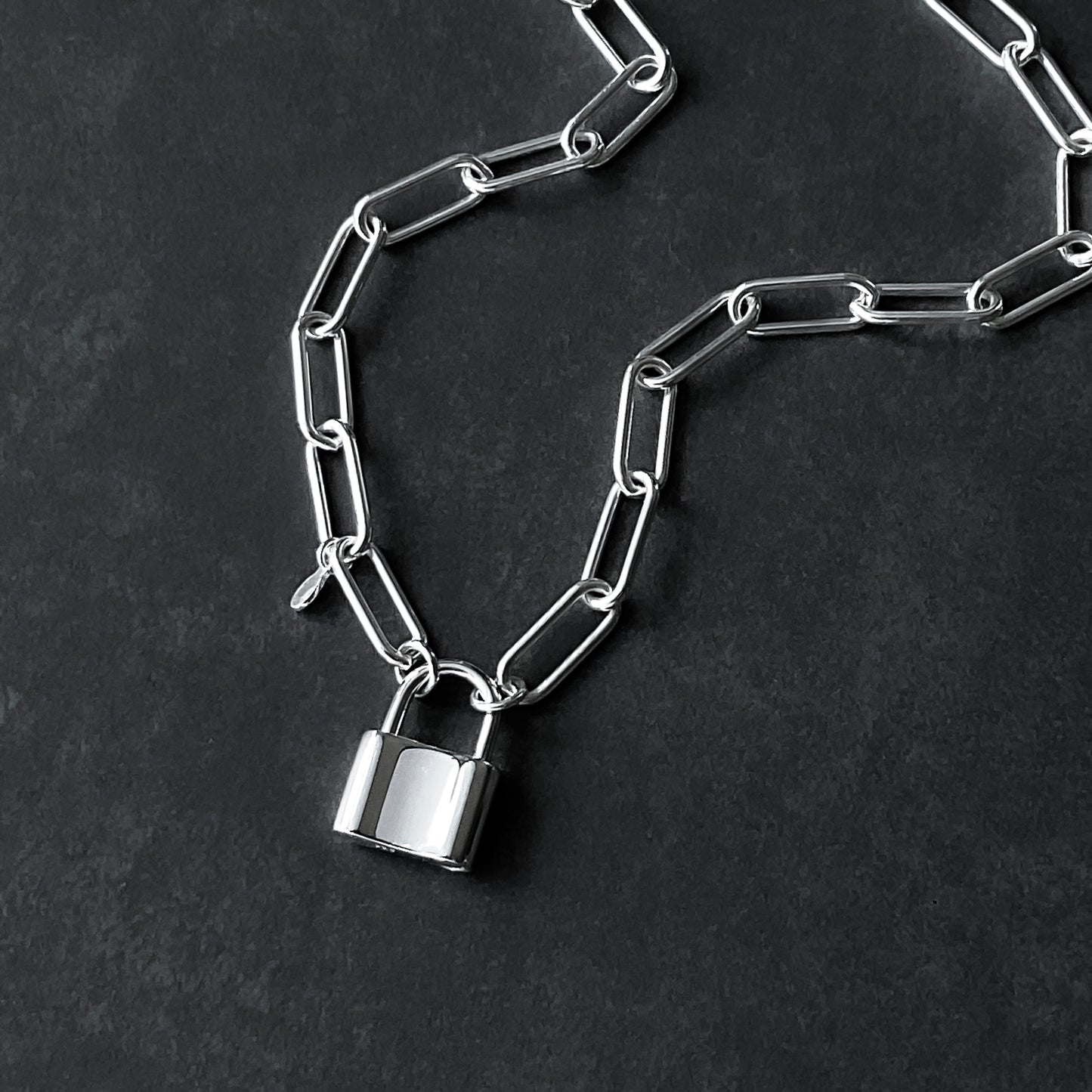 Padlock and Paperclip Chain Necklace in Sterling Silver, 6mm