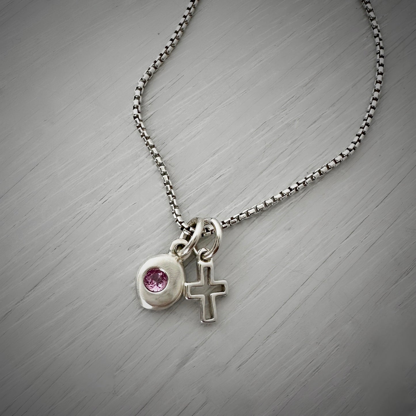 Lab-Grown Pink Tourmaline Nugget Necklace | Sterling Silver Cross Charm | Dainty Box Chain