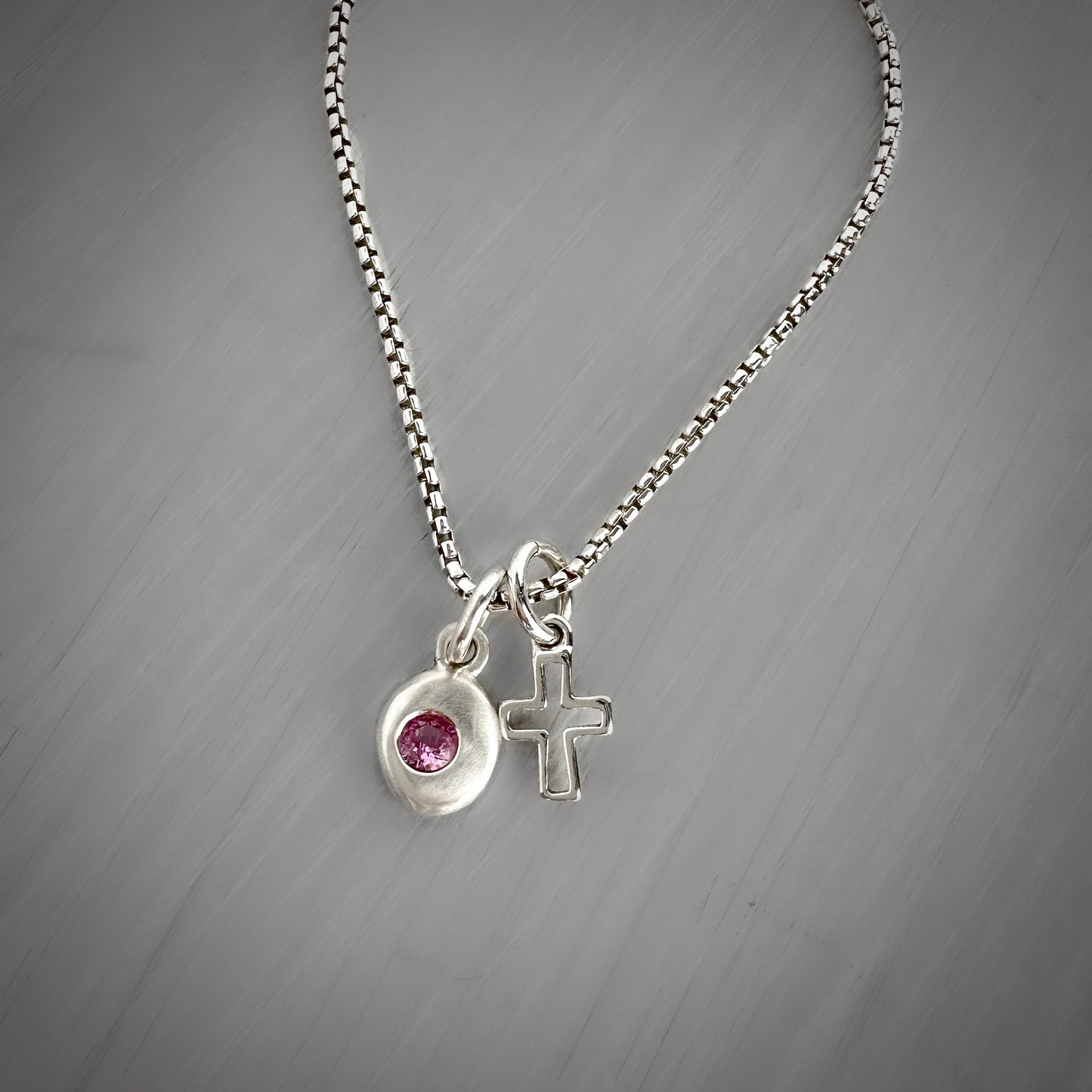 Lab-Grown Pink Tourmaline Nugget Necklace | Sterling Silver Cross Charm | Dainty Box Chain