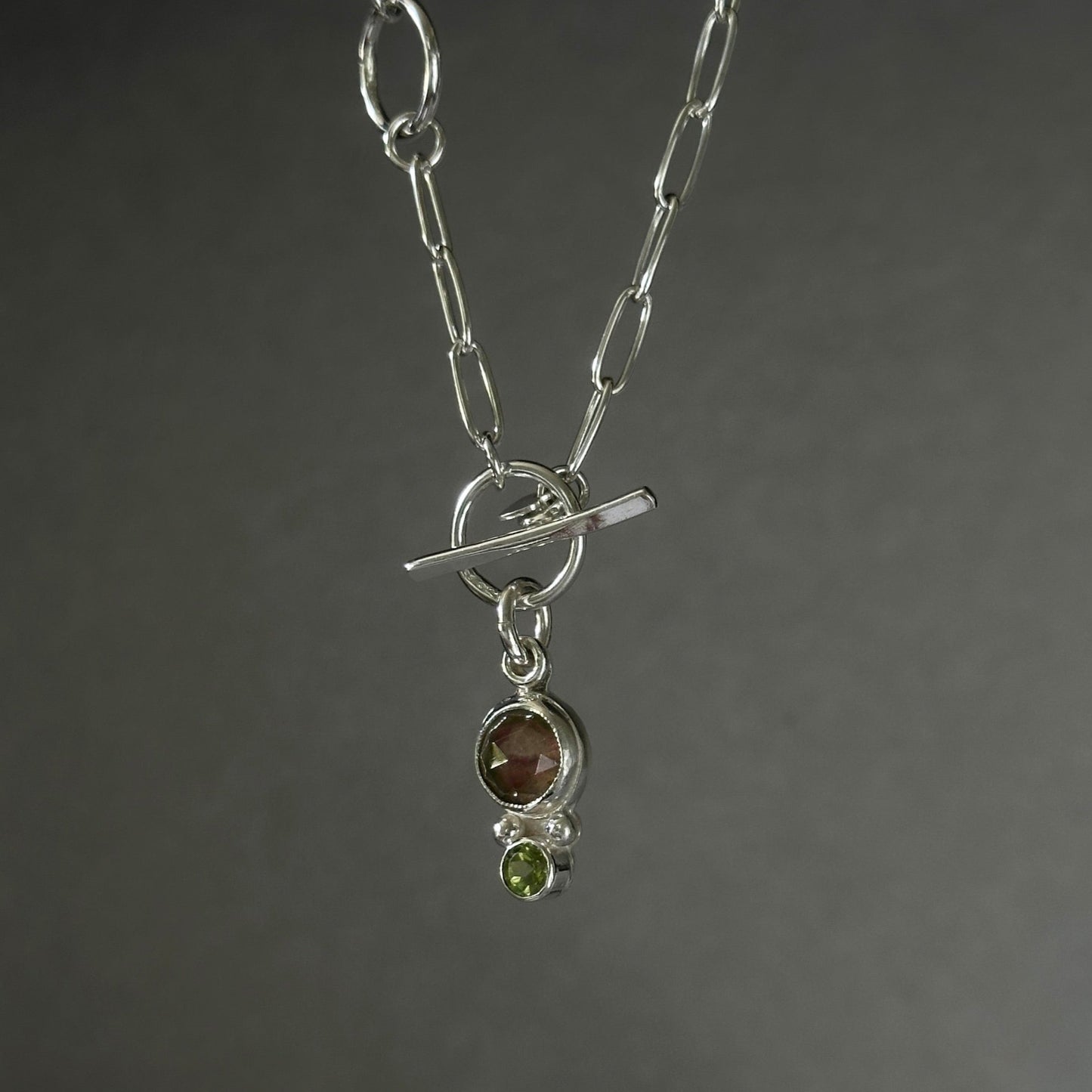 Watermelon Tourmaline Peridot Pendant Paperclip Necklace in Sterling Silver, 3mm