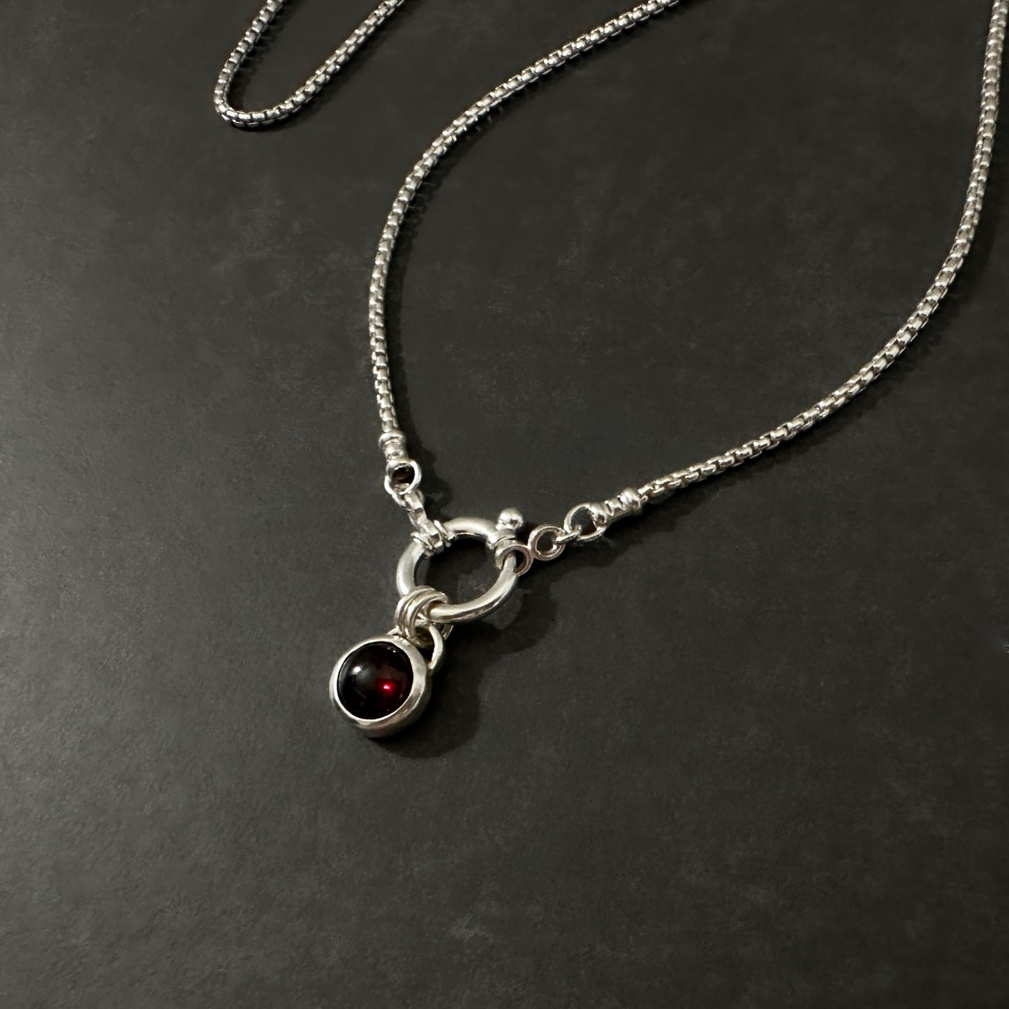 Sterling Silver Garnet Pendant Necklace | Round Box Chain with Pendant Holder Clasp