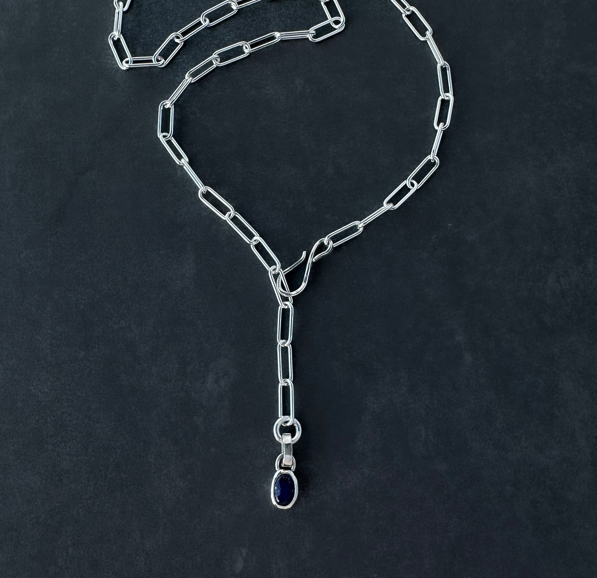 Sterling Silver Paperclip Necklace with Natural Lapis Lazuli, Adjustable Hook Clasp Lariat