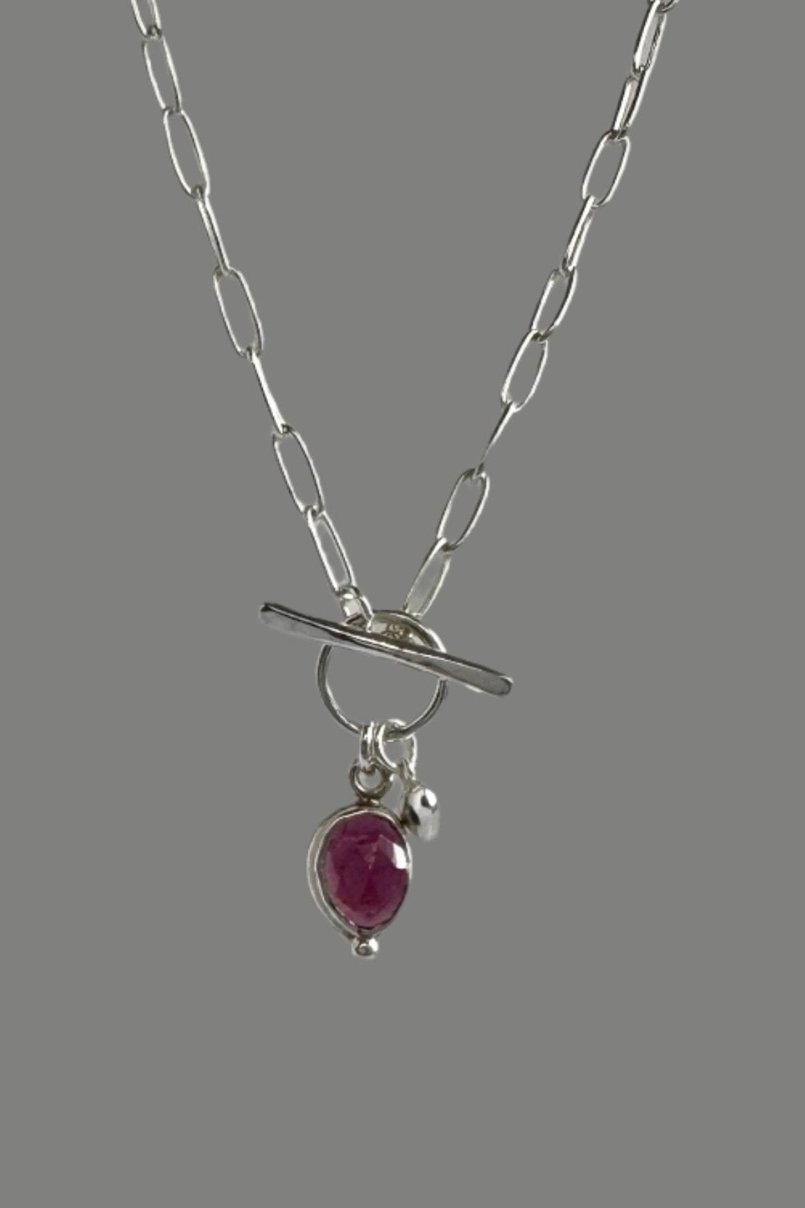 Garnet Charm Necklace in Sterling Silver, 3mm