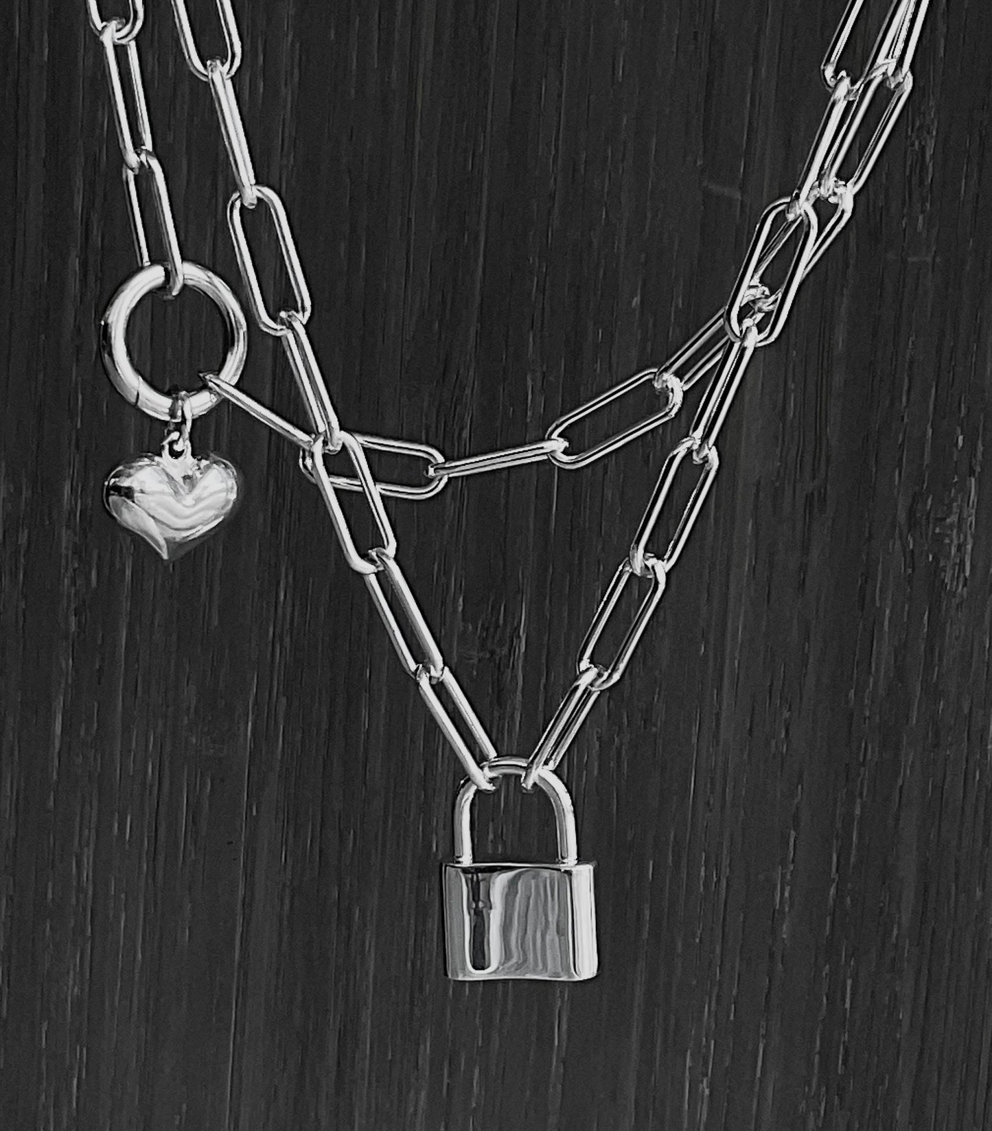 Long Wrap Chain Necklace, Padlock Pendant Clasp in Sterling Silver, 5mm