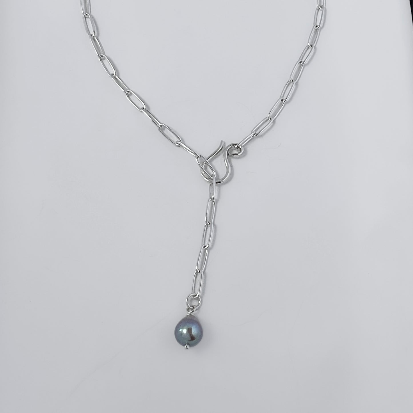 Grey Freshwater Pearl Lariat Necklace in Sterling Silver