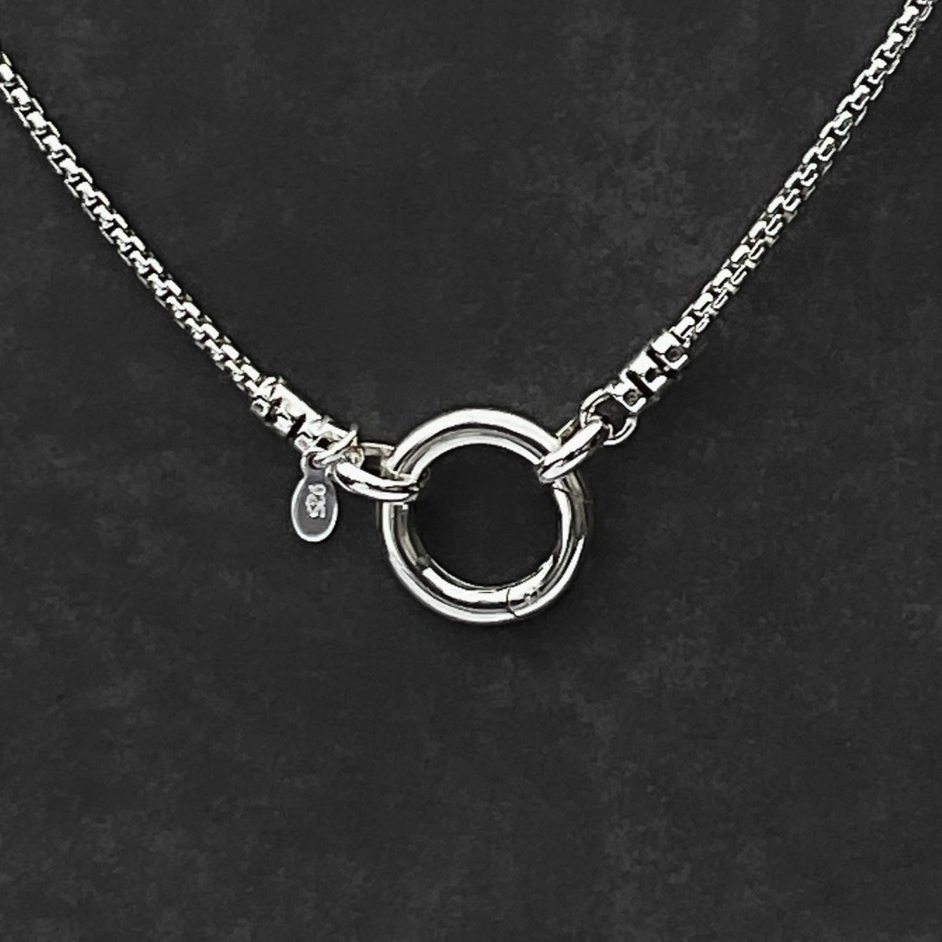 sterling silver round box chain 1.8mm width with round push clasp can be worn in front  or back and is ideal for interchangeable pendants and charms 