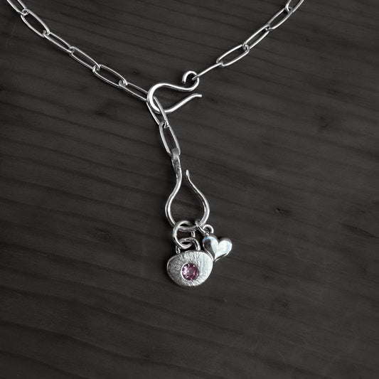 Sterling Silver Pink Tourmaline Heart Charm Necklace | Paperclip Chain