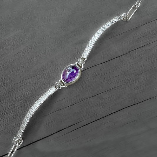 Sterling Silver Amethyst Bracelet | Mixed Paperclip & Textured Chain