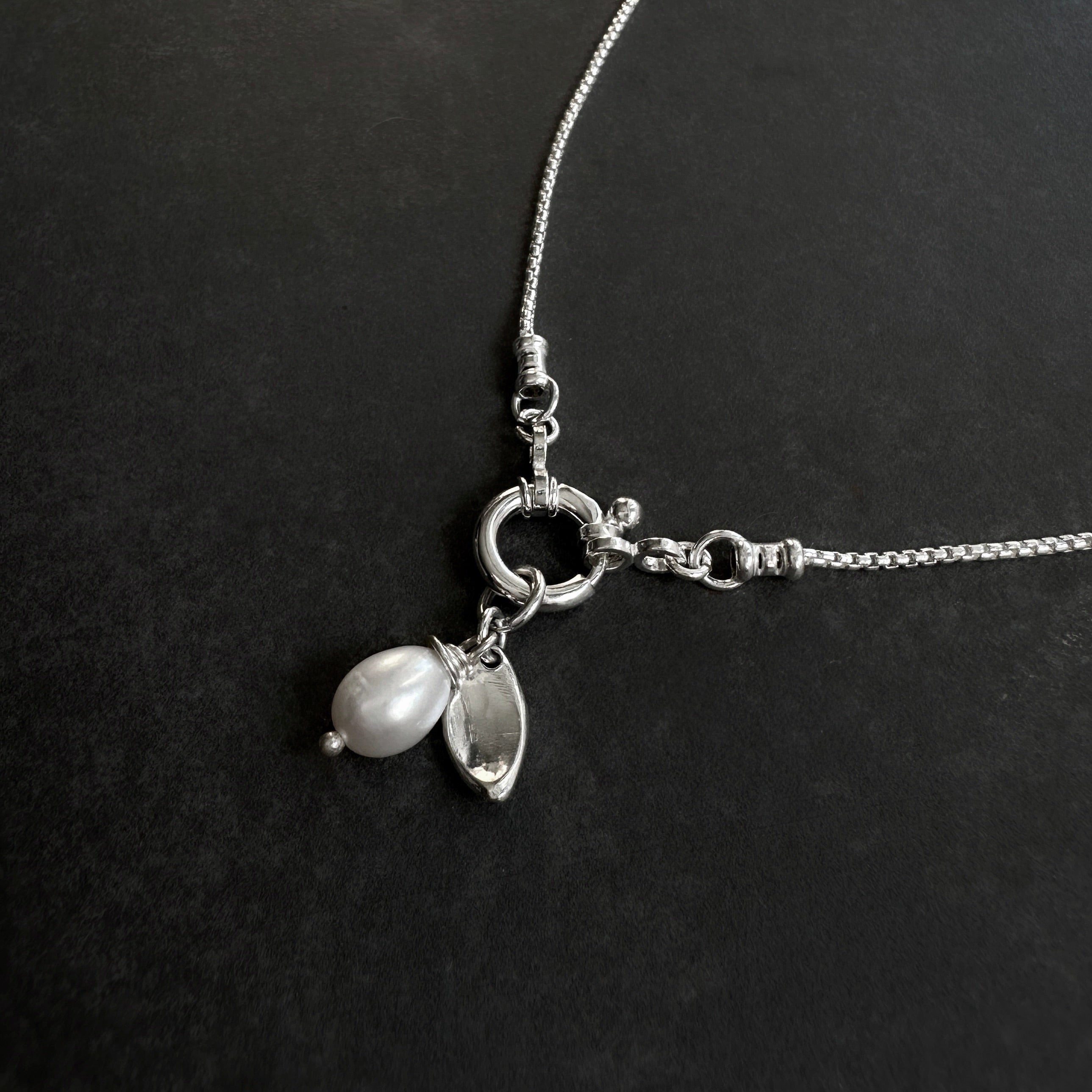 Sterling Silver Box Chain Necklace | White Pearl & Leaf Charm