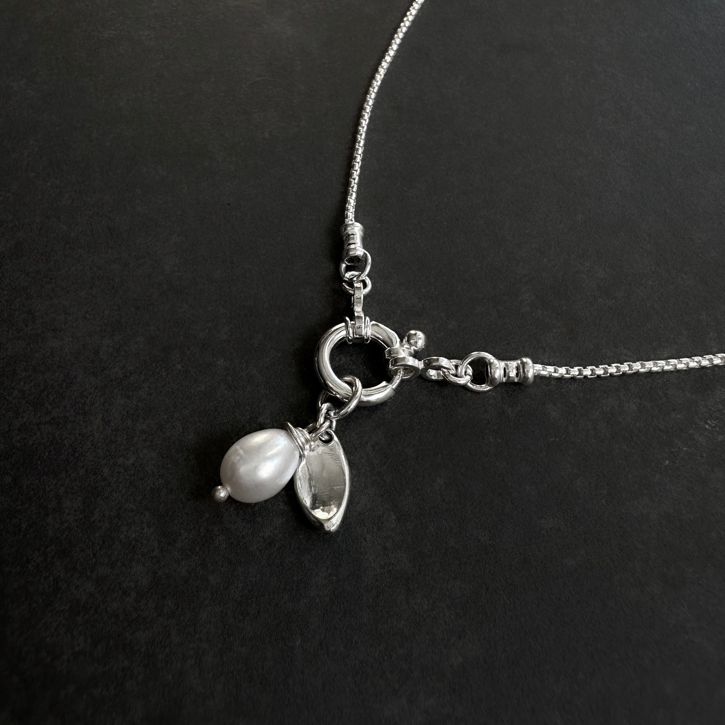 Sterling Silver Box Chain Necklace | White Pearl & Leaf Charm | Interchangeable Pendant Clasp