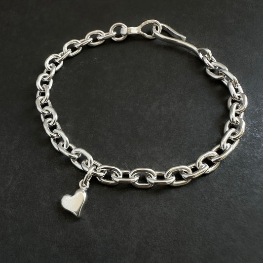 Sterling Silver Cable Chain Bracelet with Hand carved Heart Charm