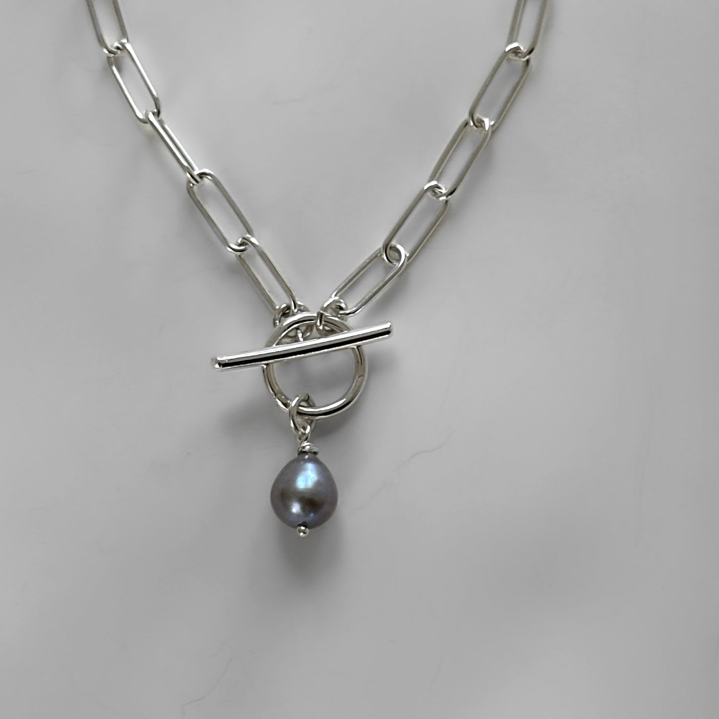 Pearl Drop Paperclip Chain Toggle Necklace in Sterling Silver, 4.3mm