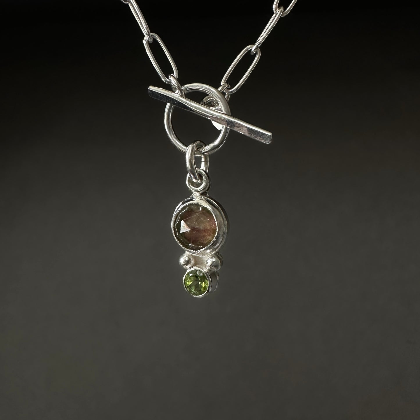 Watermelon Tourmaline Peridot Pendant Paperclip Necklace in Sterling Silver, 3mm